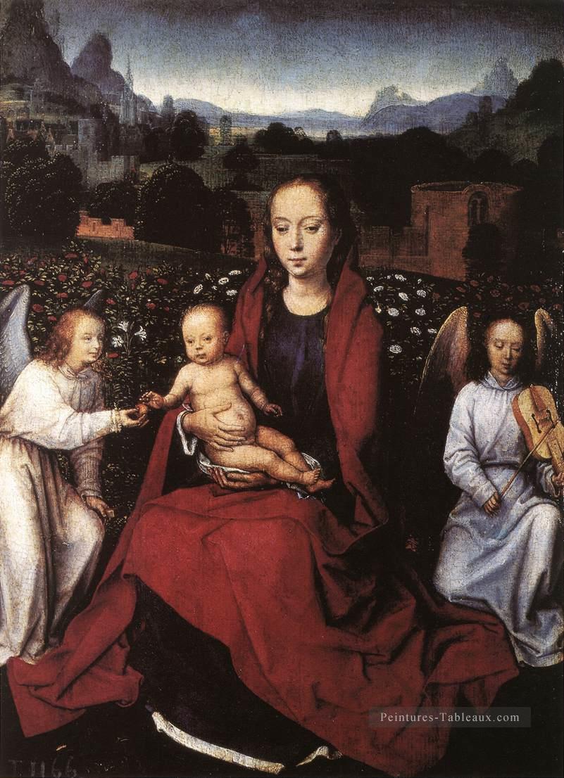 Vierge à l’Enfant dans une Roseraie avec Deux Anges des années 1480 hollandais Hans Memling Peintures à l'huile
